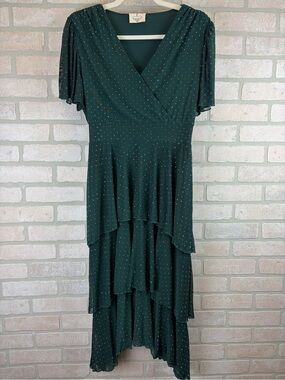 Ripe Deep Green Shiny Polka Dot Tiered Midi Dress